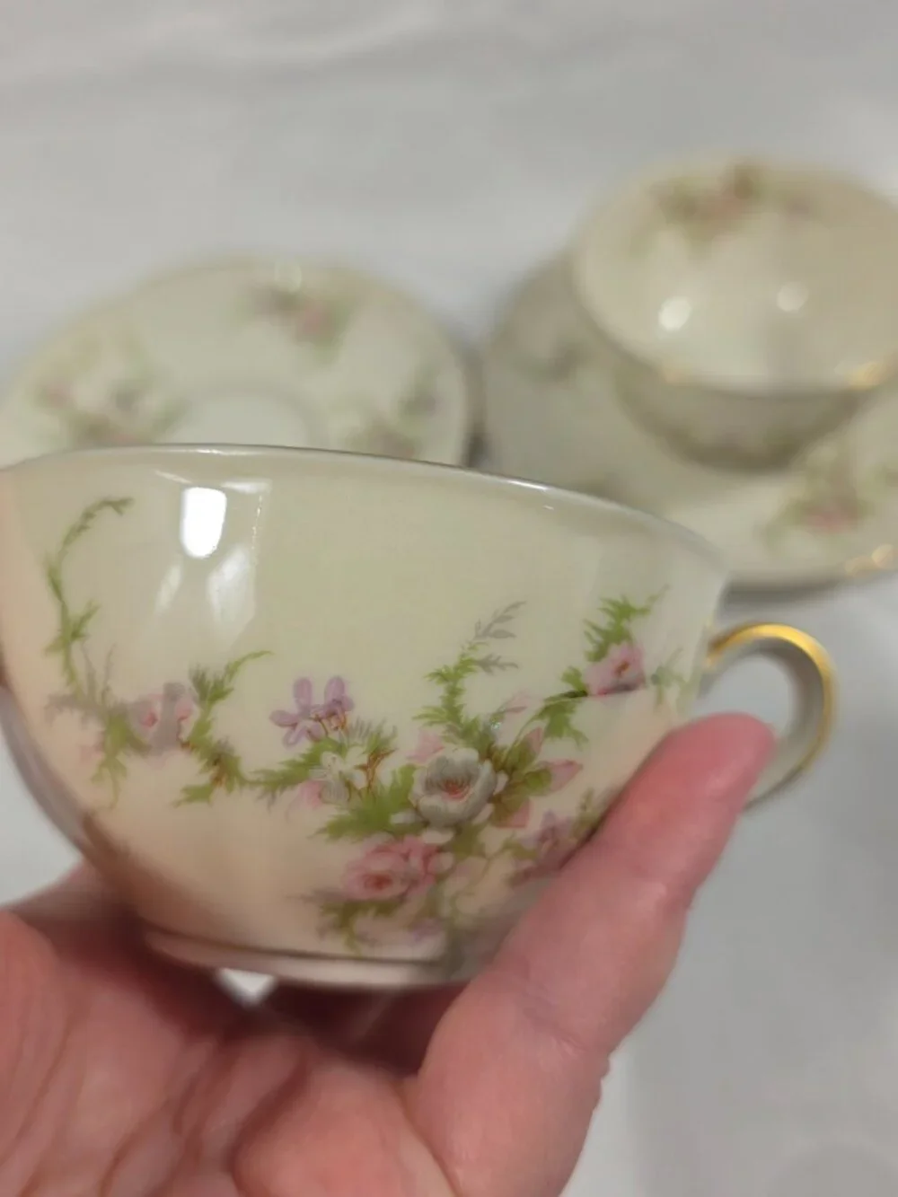 TWO Haviland Rosalinde (New York) Cup & Saucer Sets Pink & Lavendar Flowers